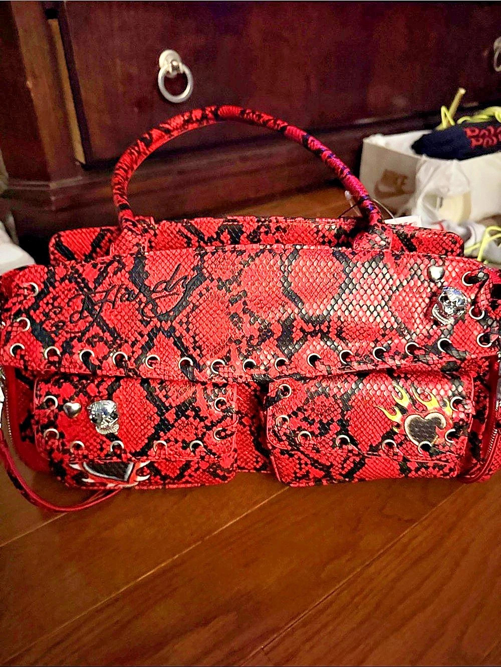 Ed Hardy Red Snake Print Satchel Red & Black